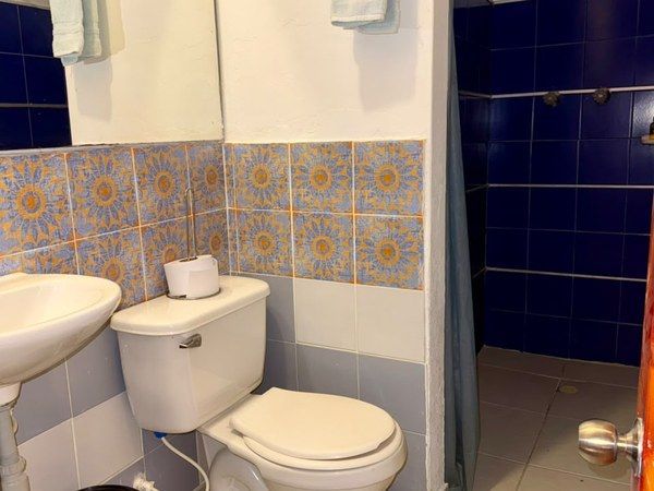 Habitación C - Baño privado con ducha, lavamanos y azulejos artesanales
