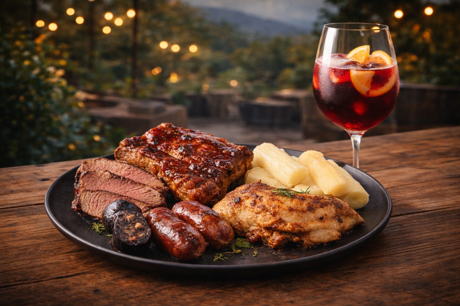 Plato de parrillada con lomo, costilla, pollo, chorizo, morcilla, papa y yuca